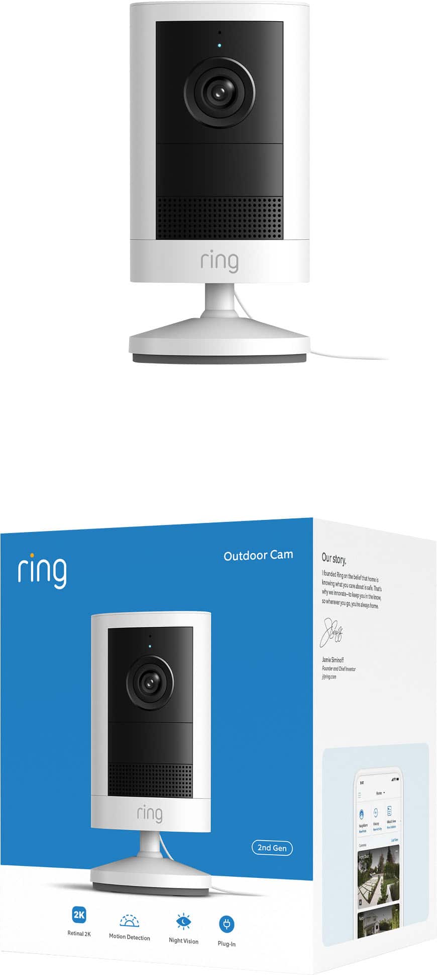 Ring - Outdoor Cam 2K, Plug-In, Wide-Angle Retinal 2K Video, 6x Enhanced Zoom, Night Vision - White
