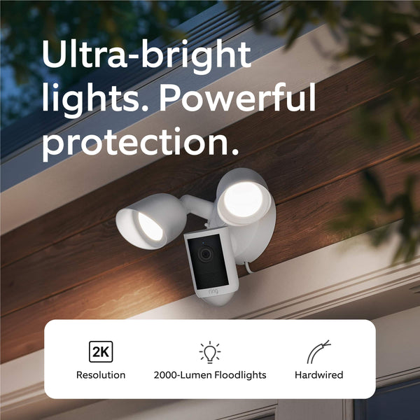 Ring - Floodlight Cam, Wired (newest model), Wide-Angle Retinal 2K Video, 6x Enhanced Zoom, Ultra-Bright Floodlights - White
