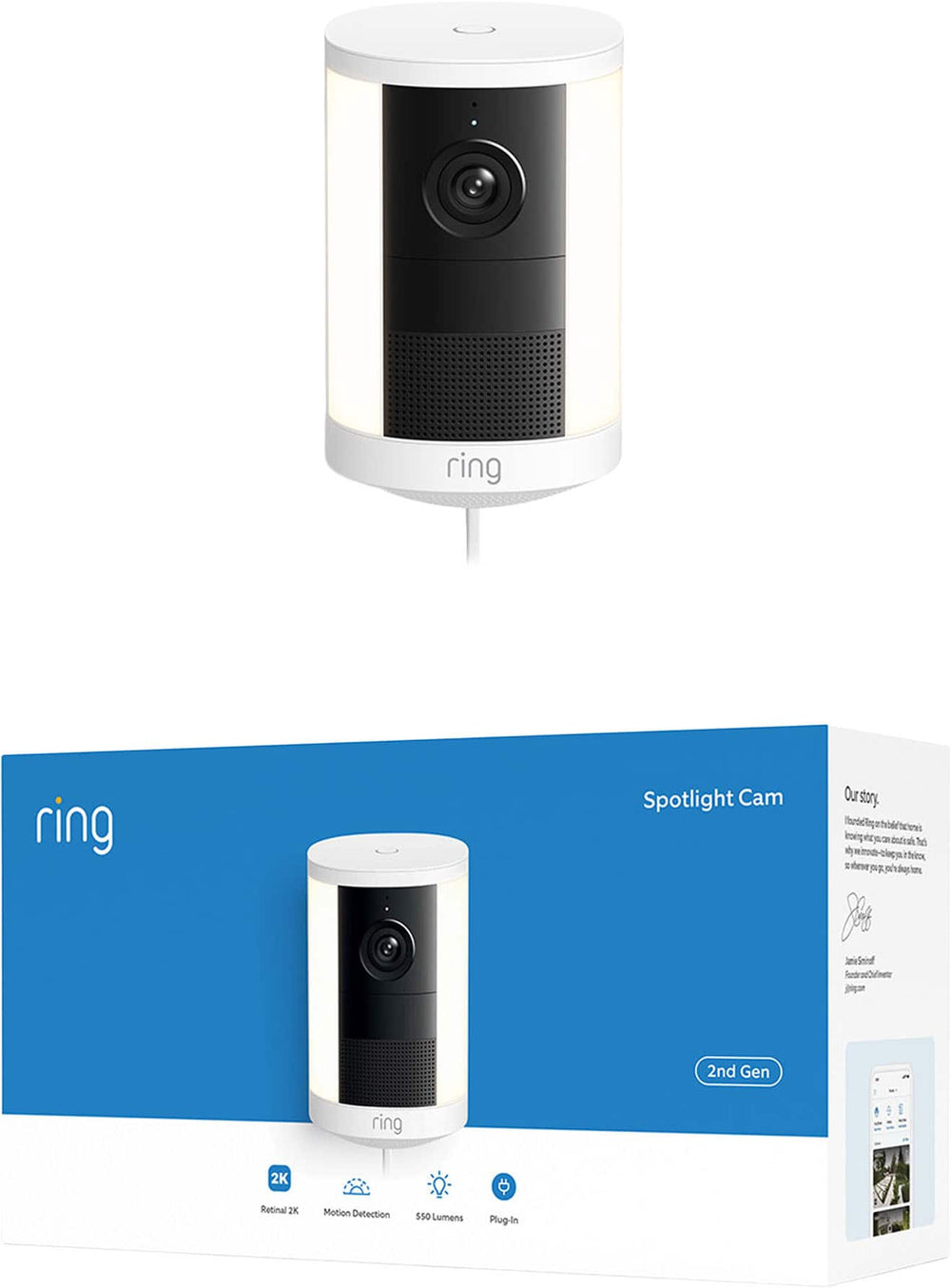Ring - Spotlight Cam, Plug-In (newest model), Wide-Angle Retinal 2K Video, 6x Enhanced Zoom, Motion-Activated Spotlights - White