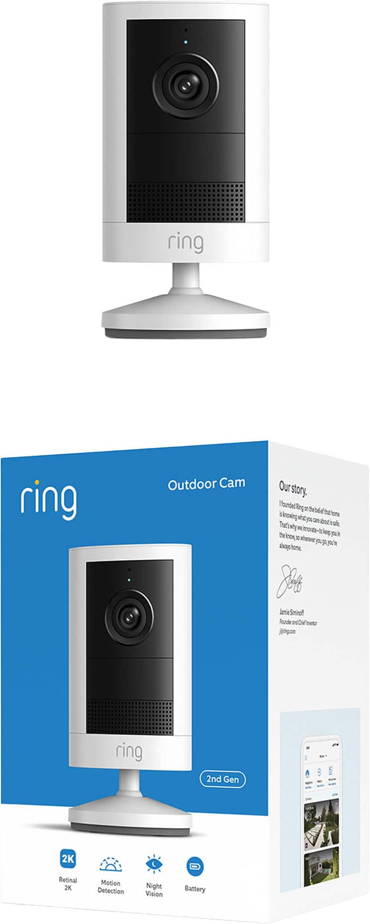 Ring - Outdoor Cam 2K, Battery, Wide-Angle Retinal 2K Video, 6x Enhanced Zoom, Night Vision, 2-Pack - White