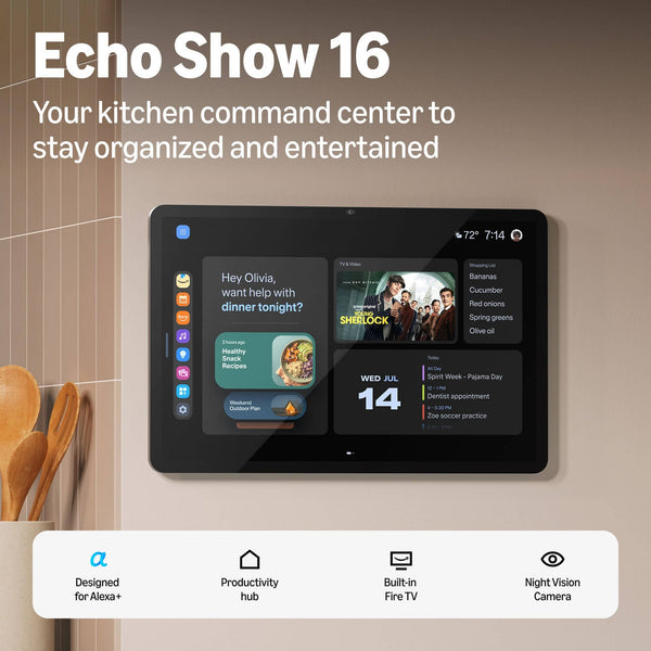 Amazon - Echo Show 16 (newest model), Built-in Fire TV and night vision camera, Wall mount included, Designed for Alexa+ - Standard Display