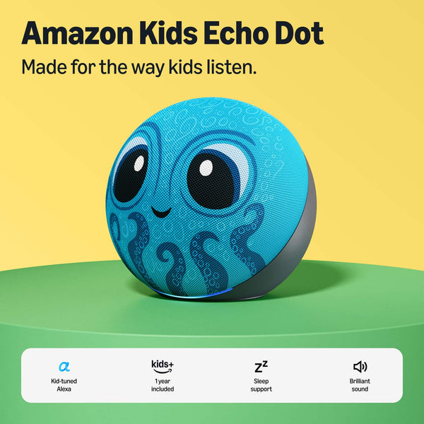 Amazon - Kids Echo Dot (newest model), kid-tuned Alexa, 1 year of Kids+ included, parental controls, sleep support - Octopus
