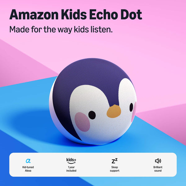 Amazon - Kids Echo Dot (newest model), kid-tuned Alexa, 1 year of Kids+ included, parental controls, sleep support - Penguin