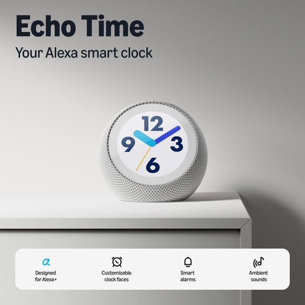 Amazon - Echo Time (all-new), Customizable smart clock, Smart alarms, Ambient sounds, Smart home hub, Designed for Alexa+ - Glacier White