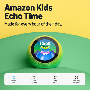 Amazon - Kids Echo Time, kid-tuned Alexa, customizable clock face, with 1 year of Kids+, parental controls, sleep support - Cosmic Lime