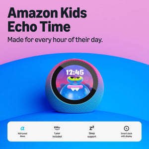 Amazon - Kids Echo Time, kid-tuned Alexa, customizable clock face, with 1 year of Kids+, parental controls, sleep support - Galactic Grape