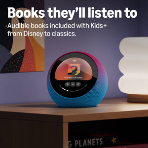 Amazon - Kids Echo Time, kid-tuned Alexa, customizable clock face, with 1 year of Kids+, parental controls, sleep support - Galactic Grape