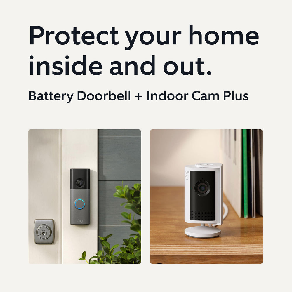 Ring - Battery Doorbell 2K (newest model), Speckled Gray + Indoor Cam Plus - White