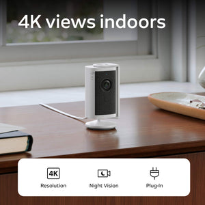 Ring - Indoor Cam Retinal 4K, Plug-In, Auto HDR, true-color Night Vision in low light, removable home or business security - White