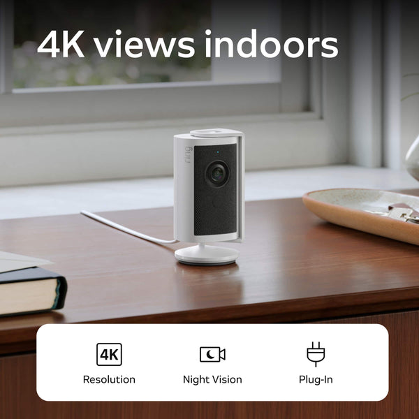 Ring - Indoor Cam Retinal 4K, Plug-In, Auto HDR, true-color Night Vision in low light, removable home or business security - White