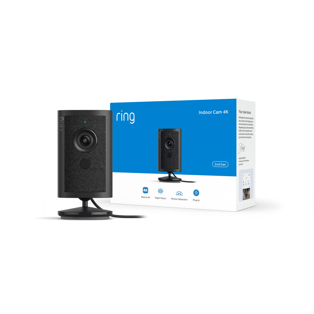 Ring - Indoor Cam Retinal 4K, Plug-In, Auto HDR, true-color Night Vision in low light, removable home or business security - Black