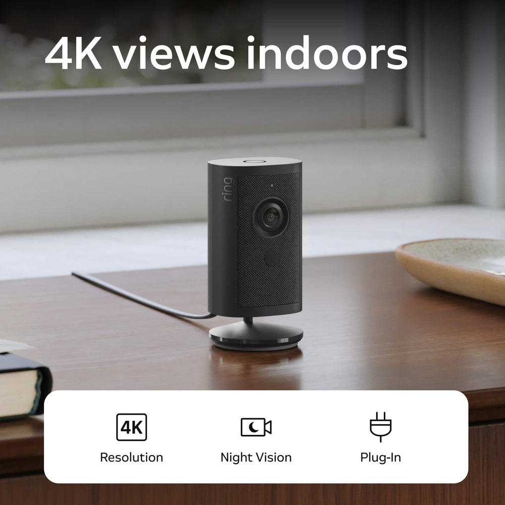 Ring - Indoor Cam Retinal 4K, Plug-In, Auto HDR, true-color Night Vision in low light, removable home or business security - Black