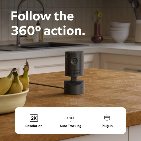 Ring - Pan-Tilt Indoor Cam 2K, Plug-In, 360° Coverage, Auto Tracking, Retinal 2K Video, 6x Zoom, home or business security - Black