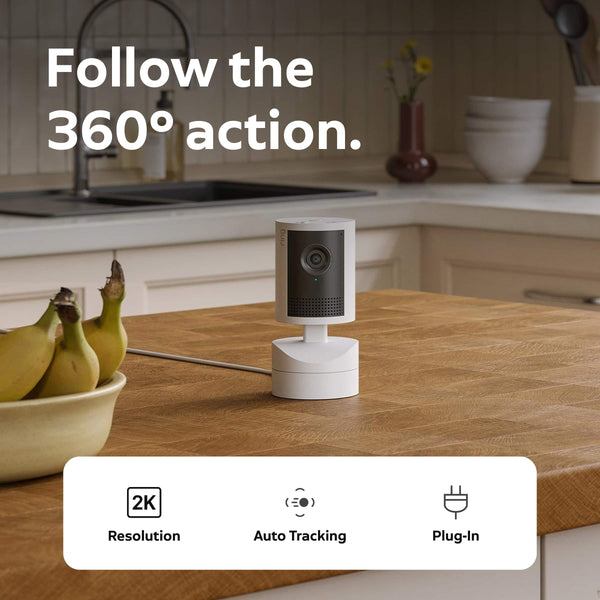 Ring - Pan-Tilt Indoor Cam 2K, Plug-In, 360° Coverage, Auto Tracking, Retinal 2K Video, 6x Zoom, home or business security - White