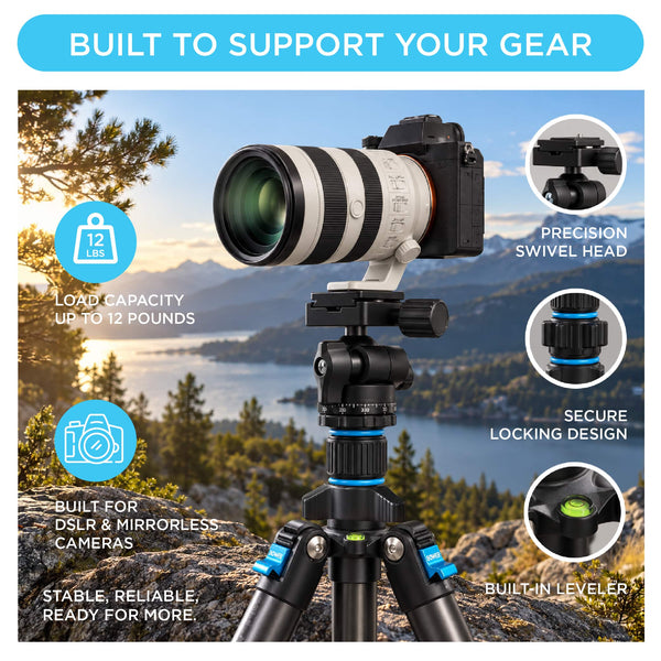 Bower - High Performance Pro Vista 65" Aluminum Tripod Compatible with DSLR’s & Mirrorless Cameras with 1/4-20 Mounting Thread