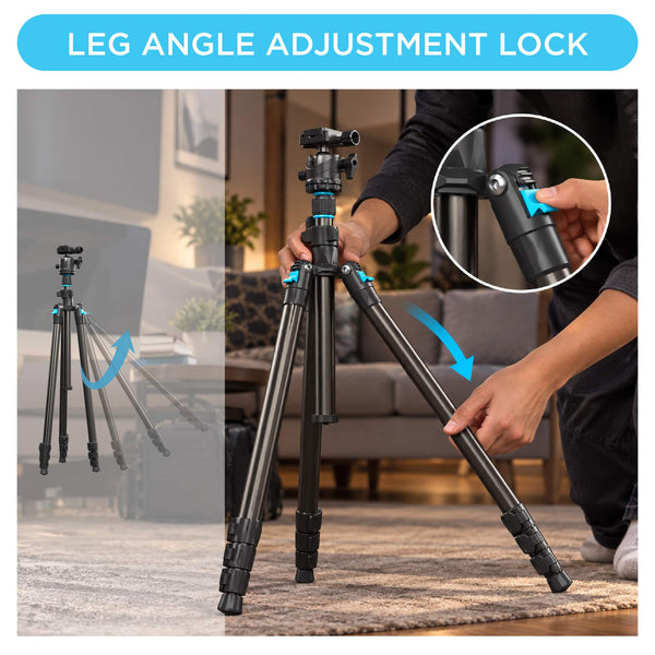Bower - High Performance Pro Vista 65" Aluminum Tripod Compatible with DSLR’s & Mirrorless Cameras with 1/4-20 Mounting Thread