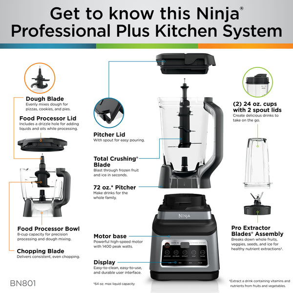 Ninja - Professional Plus Kitchen System with Auto-iQ & (2) 24oz Single-Serve Cups - Stainless Steel