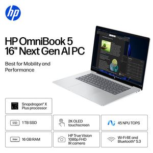 HP - OmniBook 5 - 16" 2K OLED Touch-Screen Laptop - Snapdragon X Plus (2024) - 16GB Memory - 1TB SSD - Copilot+ PC - Glacier Silver