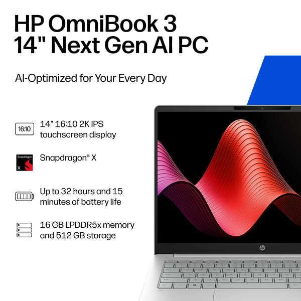 HP - OmniBook 3 - 14" 2K Touchscreen Laptop - Snapdragon X - 16GB Memory - 512GB SSD - Copilot+ PC - Glacier Silver