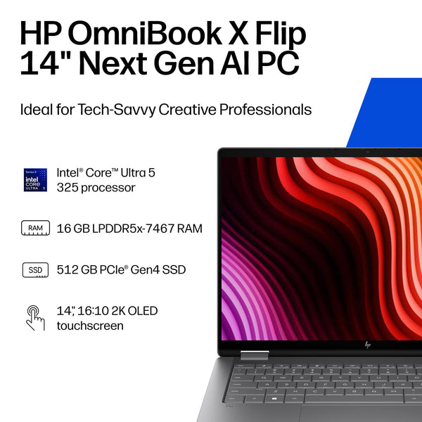 HP - OmniBook X Flip 2-in-1 - 14" 2K OLED Touchscreen Laptop - Intel Core Ultra 5 (2026) - 16GB Memory - 512GB SSD - Copilot+ - Meteor Silver