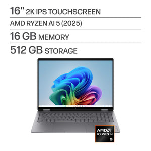 HP - OmniBook X Flip 2-in-1 - 16" 2K Touchscreen Laptop - AMD Ryzen AI 5 430 (2026) - 16GB Memory - 512GB SSD - Copilot+ PC - Meteor Silver
