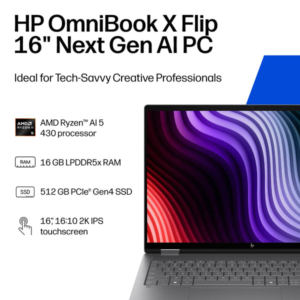 HP - OmniBook X Flip 2-in-1 - 16" 2K Touchscreen Laptop - AMD Ryzen AI 5 430 (2026) - 16GB Memory - 512GB SSD - Copilot+ PC - Meteor Silver