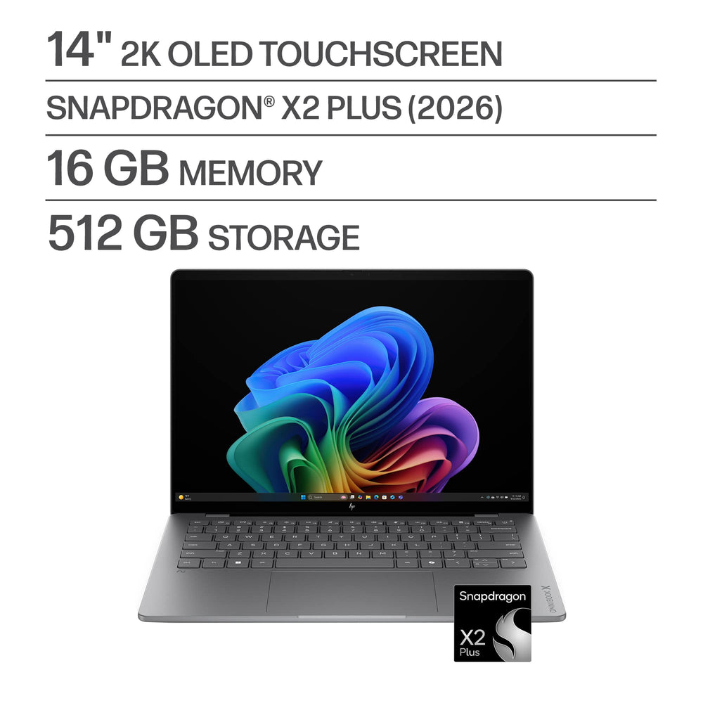 HP - OmniBook X 14" 2K OLED Touchscreen Laptop - Snapdragon X2 Plus - 16GB Memory - 512GB SSD - Copilot+ PC - Meteor Silver