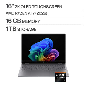 HP - OmniBook X Flip 2-in-1 - 16" 2K OLED Touchscreen Laptop - AMD Ryzen AI 7 445 (2026) - 16GB Memory - 1TB SSD - Copilot+ - Meteor Silver