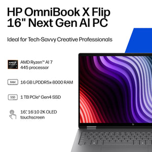 HP - OmniBook X Flip 2-in-1 - 16" 2K OLED Touchscreen Laptop - AMD Ryzen AI 7 445 (2026) - 16GB Memory - 1TB SSD - Copilot+ - Meteor Silver
