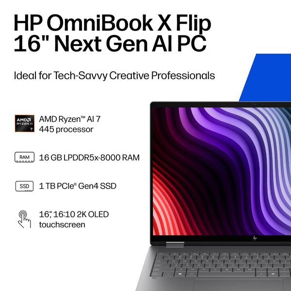 HP - OmniBook X Flip 2-in-1 - 16" 2K OLED Touchscreen Laptop - AMD Ryzen AI 7 445 (2026) - 16GB Memory - 1TB SSD - Copilot+ - Meteor Silver