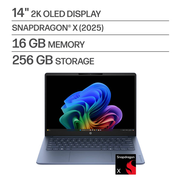 HP - OmniBook 3 - 14" 2K OLED Laptop - Snapdragon X - 16GB Memory - 256GB SSD - Copilot+ PC - Starlit Blue