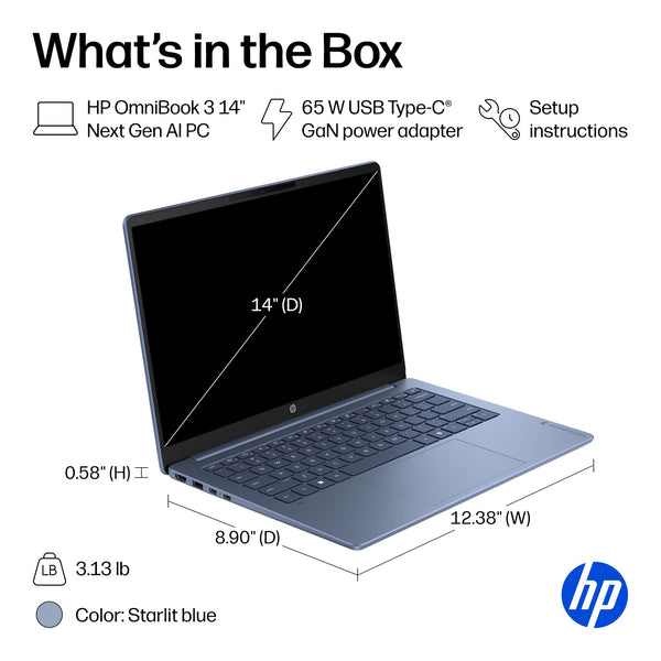 HP - OmniBook 3 - 14" 2K OLED Laptop - Snapdragon X - 16GB Memory - 256GB SSD - Copilot+ PC - Starlit Blue
