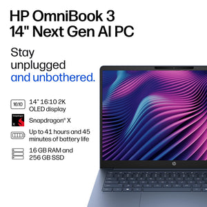 HP - OmniBook 3 - 14" 2K OLED Laptop - Snapdragon X - 16GB Memory - 256GB SSD - Copilot+ PC - Starlit Blue