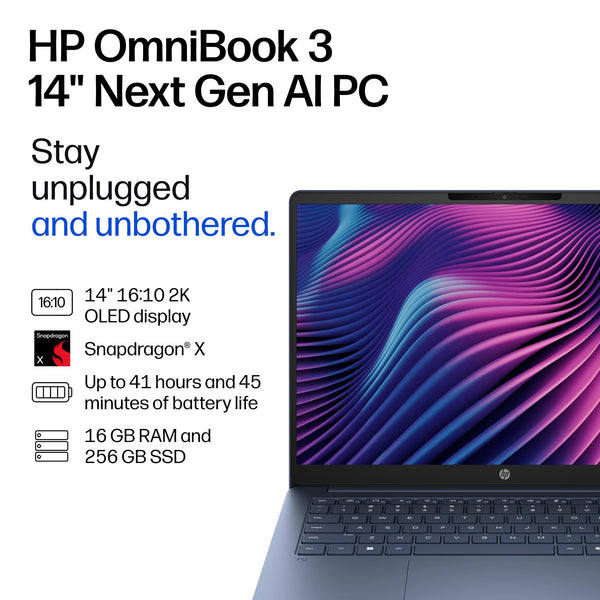 HP - OmniBook 3 - 14" 2K OLED Laptop - Snapdragon X - 16GB Memory - 256GB SSD - Copilot+ PC - Starlit Blue