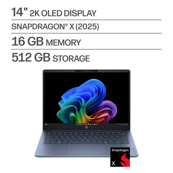 HP - OmniBook 3 - 14" 2K OLED Laptop - Snapdragon X - 16GB Memory - 512GB SSD - Copilot+ PC - Starlit Blue