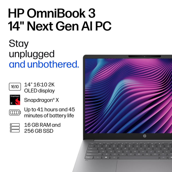 HP - OmniBook 3 - 14" 2K OLED Laptop - Snapdragon X - 16GB Memory - 256GB SSD - Copilot+ PC - Nouvelle Silver