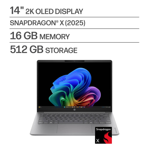 HP - OmniBook 3 - 14" 2K OLED Laptop - Snapdragon X (8-Core CPU) - 16GB Memory - 512GB SSD - Copilot+ - 41+ Hrs Battery Life¹ - Nouvelle Silver