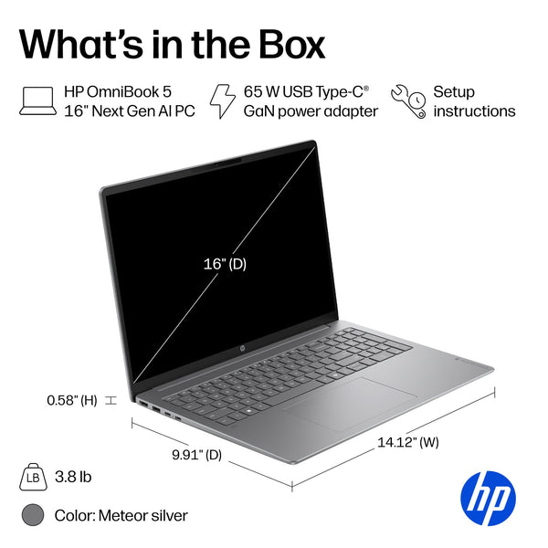 HP - OmniBook 5 - 16" 2K Touchscreen Laptop - AMD Ryzen AI 5 330 (2025) - 16GB Memory - 512GB SSD - Copilot+ PC - Meteor Silver