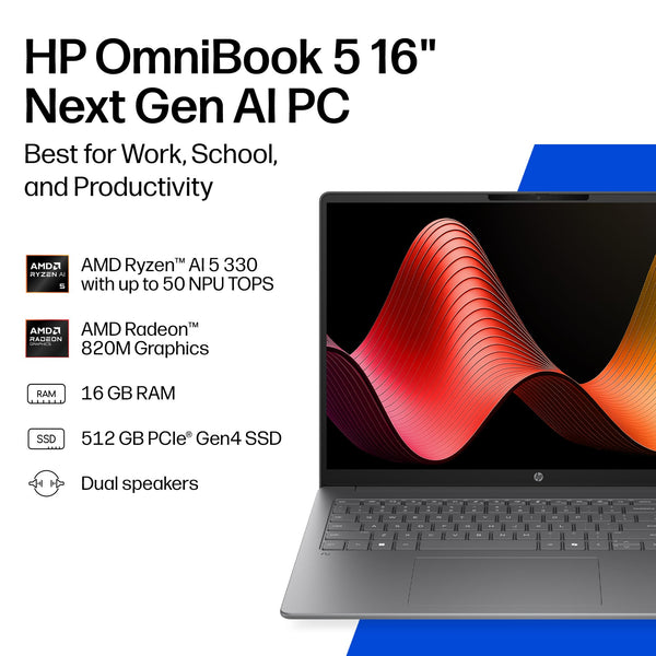 HP - OmniBook 5 - 16" 2K Touchscreen Laptop - AMD Ryzen AI 5 330 (2025) - 16GB Memory - 512GB SSD - Copilot+ PC - Meteor Silver