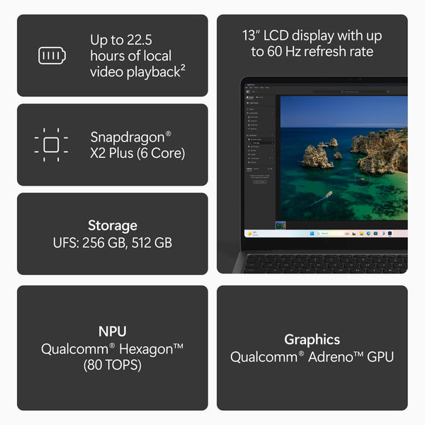 Microsoft - Surface Laptop - 13" 2K Touchscreen - Snapdragon X2 Plus (6 Core) 2026 - 16GB - 256GB UFS - Black