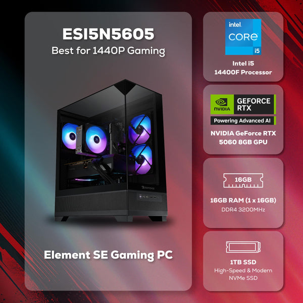 iBUYPOWER - Element SE Gaming Desktop PC Intel Core i5 14400F 2024 NVIDIA RTX 5060 8GB, 16GB RAM Memory, 1TB SSD Storage - Black