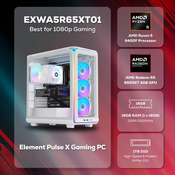 iBUYPOWER - Element Gaming Desktop PC-AMD Ryzen 5 8400F 2024 AMD Radeon RX 6500XT 4GB 16GB DDR5 RGB 1TB NVMe SSD Storage - White