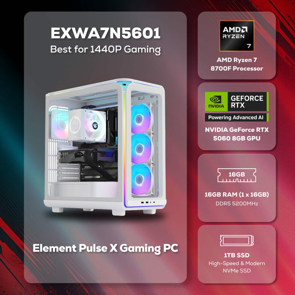 iBUYPOWER - Element Gaming Desktop PC AMD Ryzen 7 8700F 2024 NVIDIA GeForce RTX 5060 8GB 16GB DDR5 1TB NVMe SSD Storage - White
