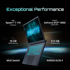 GIGABYTE - GAMING A16 Gaming Laptop - 165Hz 1920x1200 WUXGA - RTX 5050 - AMD Ryzen 7 170- 512GB SSD - 16GB DDR5 RAM - Black Steel