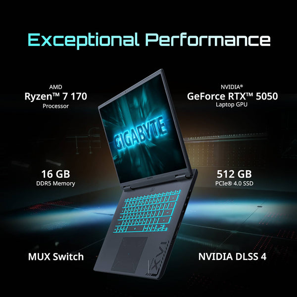 GIGABYTE - GAMING A16 Gaming Laptop - 165Hz 1920x1200 WUXGA - RTX 5050 - AMD Ryzen 7 170- 512GB SSD - 16GB DDR5 RAM - Black Steel