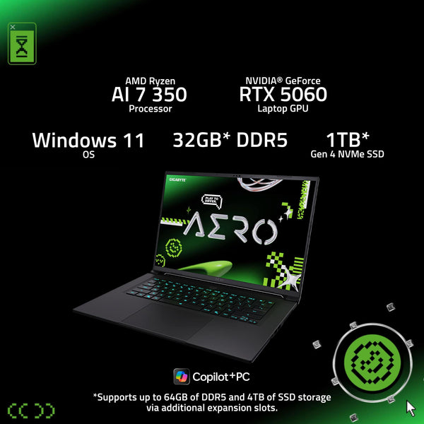 GIGABYTE - AERO X16 - Copilot+ PC - 16" 2560×1600 WQXGA AMD Ryzen Al 7 350 - 1TB SSD - 32GB DDR5 RAM GeForce RTX 5060 - Space Gray