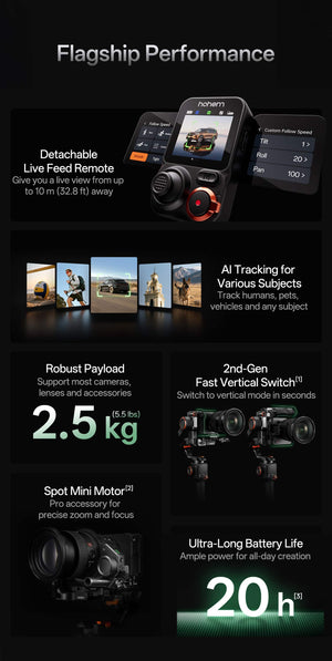 Hohem - iSteady MT3 Pro Phone & Camera Gimbal Stabilizer w/ AI Tracking, Detachable Remote for Cameras up to 5.5lbs - Black