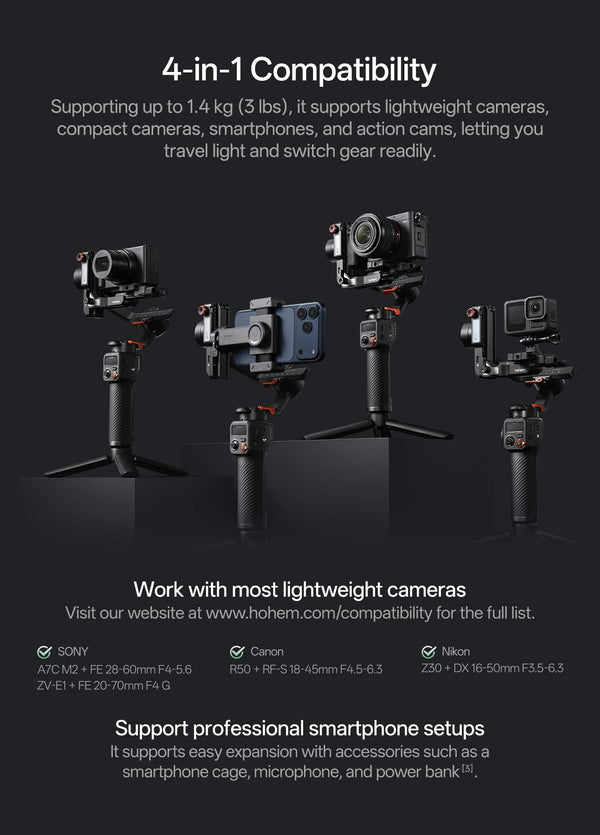 Hohem - iSteady MT3 Phone & Camera Gimbal Stabilizer w/ AI Tracking & Orientation Switch for Cameras up to 3lbs - Black