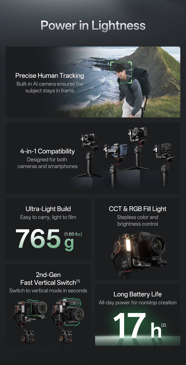 Hohem - iSteady MT3 Phone & Camera Gimbal Stabilizer w/ AI Tracking & Orientation Switch for Cameras up to 3lbs - Black