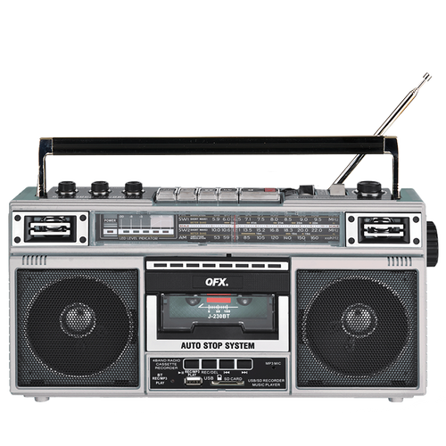 QFX - RECHARGEABLE CASSETTE AM/FM/SW1-2 RADIO BLUETOOTH BOOMBOX WITH USB RECORDING - Silver